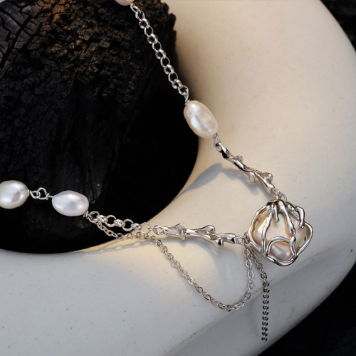 X2067 方形巴洛克珍珠吊坠S925纯银个性项链女小众冷淡风锁骨