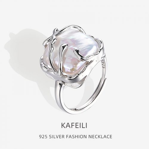 跨境欧美S925纯银巴洛克珍珠戒指女气质轻奢设计方形开口指环饰品