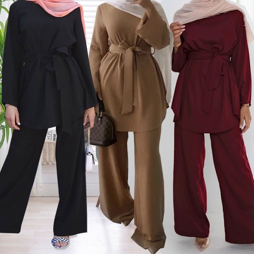跨境穆斯林套装女装时尚大码简约阔腿裤系带套装亚马逊